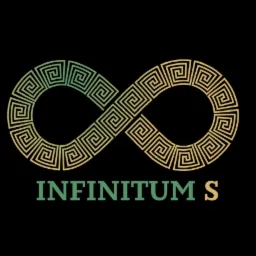 Logo firmy budowlanej Infinitum S z symbolem nieskończoności wypełnionym wzorem meandrycznym w odcieniach zieleni i złota na czarnym tle.