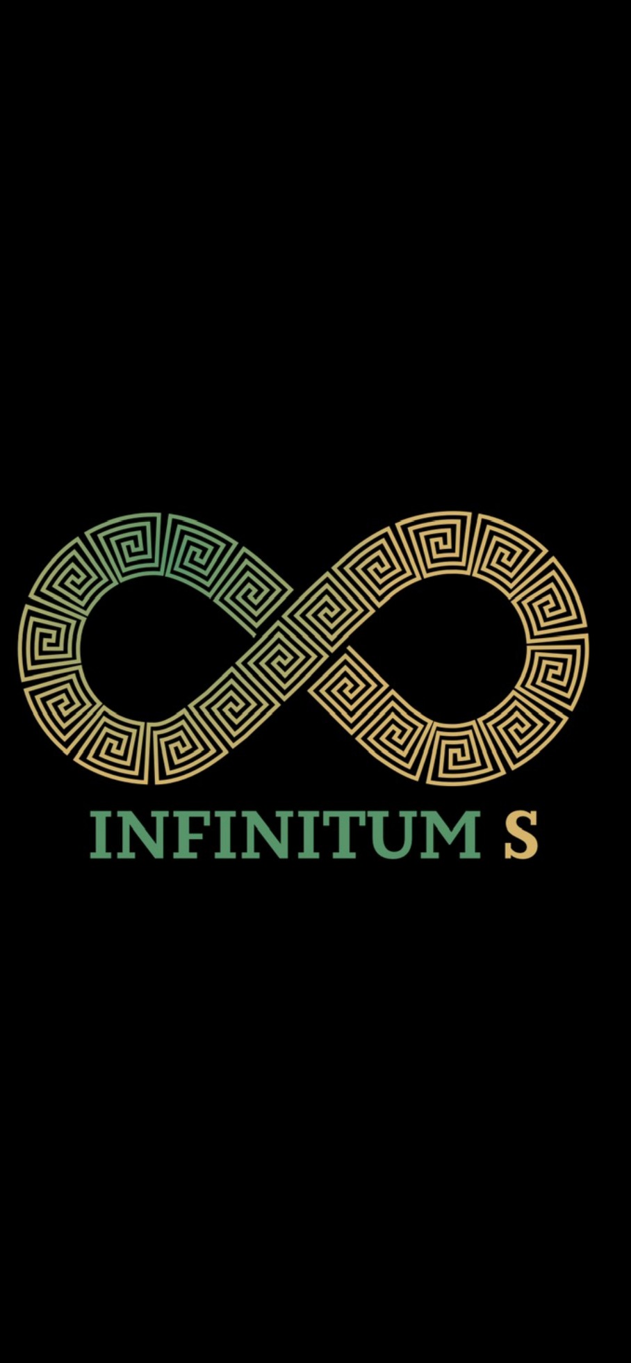 Logo firmy budowlanej Infinitum S z symbolem nieskończoności wypełnionym wzorem meandrycznym w odcieniach zieleni i złota na czarnym tle.