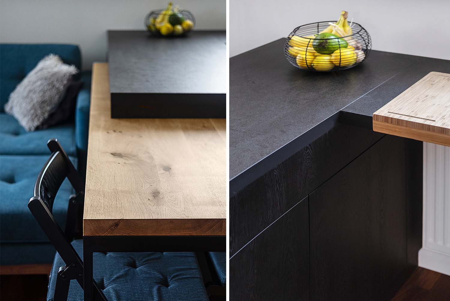 Sprytne rozwiązania dla małych przestrzeni. Wysuwany blat stołu i dużo miejsca na przechowywanie.