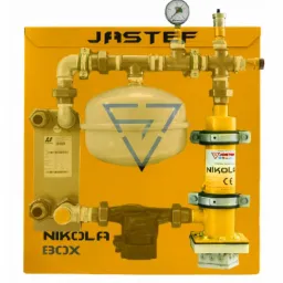 Żółty moduł hydrauliczny z manometrem, rurami i zbiornikiem wyrównawczym, marki Jastef i Nikola, na jednolitym żółtym tle.
