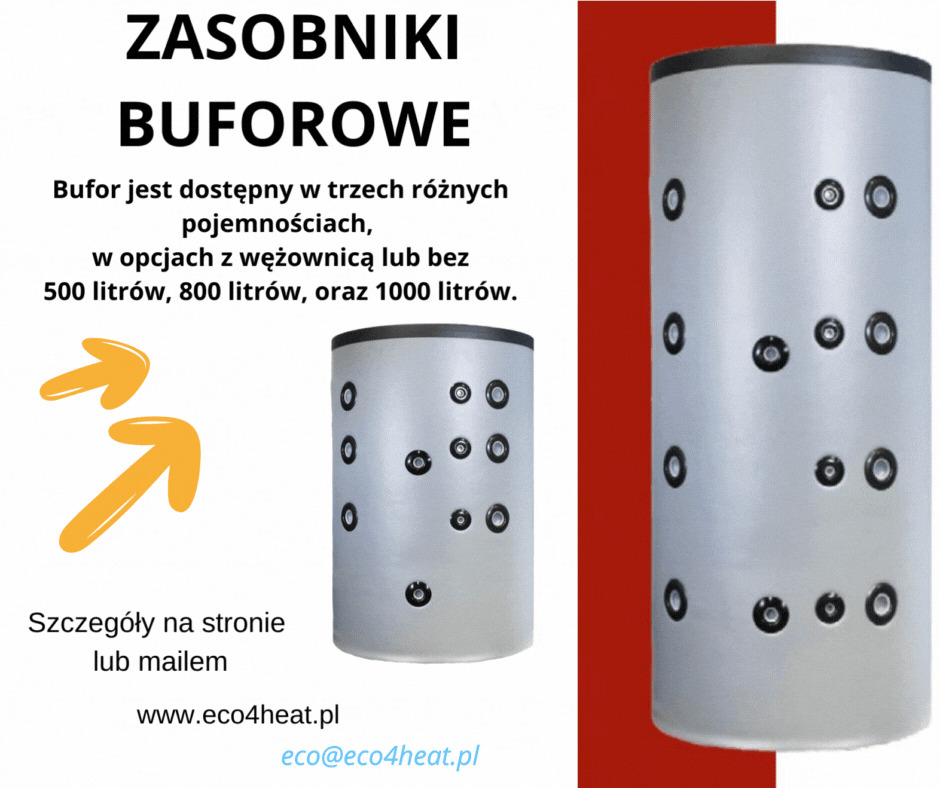 Dwa białe zasobniki buforowe z czarnymi otworami, prezentowane na białym tle z czerwoną pionową linią po prawej stronie. Obok informacje o dostępnych pojemnościach i adres strony internetowej.