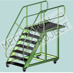 Mechanical-Project - Model 3D mobilnych schodów z platformą, widok z perspektywy, metalowa konstrukcja z poręczami i kółkami.