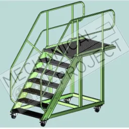 Model 3D mobilnych schodów z platformą, widok z perspektywy, metalowa konstrukcja z poręczami i kółkami.