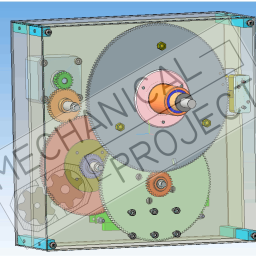 Mechanical-Project - Model 3D przekładni zębatej zamkniętej w przezroczystej obudowie, widoczne różne koła zębate, śruby mocujące, oraz oznaczenia osi X, Y, Z w lewym dolnym rogu.