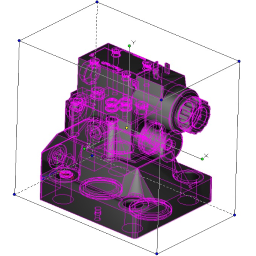 Mechanical-Project - Szkic CAD/CAM/CAE przedstawiający trójwymiarowy model bloku zaworowego z widocznymi otworami i wewnętrzną geometrią, otoczony ramką ograniczającą z zaznaczonymi osiami X, Y, Z.