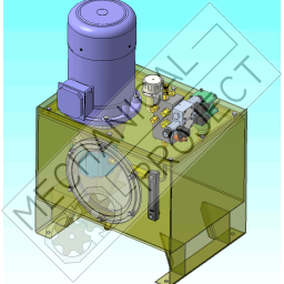 Mechanical-Project - Model 3D agregatu hydraulicznego z silnikiem elektrycznym, zaworami i wskaźnikiem poziomu oleju, widok z góry pod kątem.