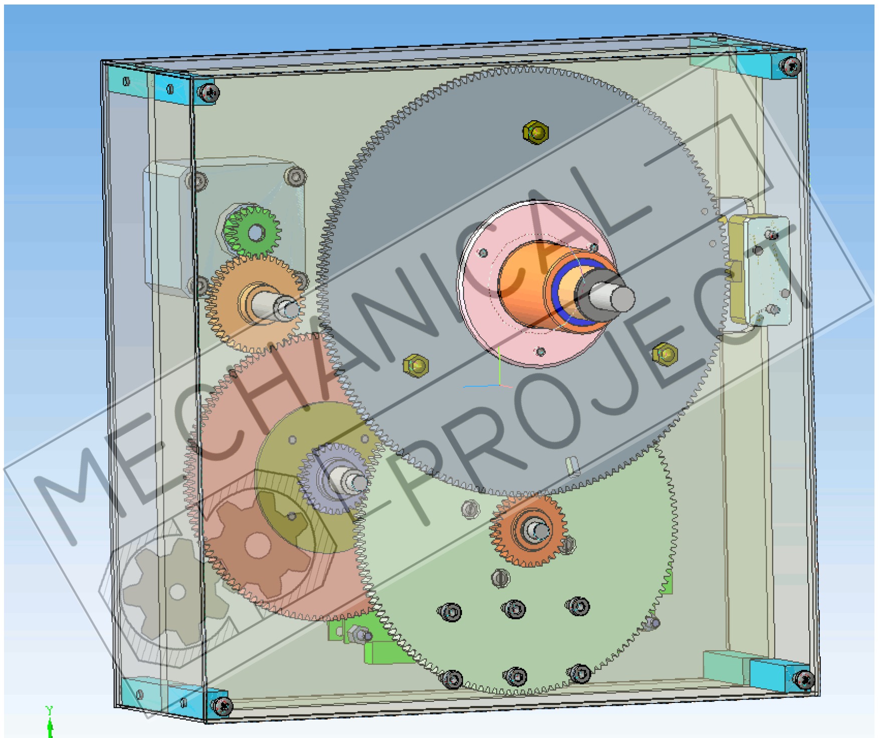 Model 3D przekładni zębatej zamkniętej w przezroczystej obudowie, widoczne różne koła zębate, śruby mocujące, oraz oznaczenia osi X, Y, Z w lewym dolnym rogu.