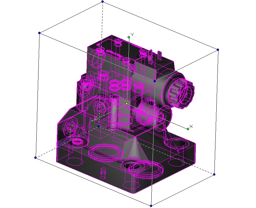 Szkic CAD/CAM/CAE przedstawiający trójwymiarowy model bloku zaworowego z widocznymi otworami i wewnętrzną geometrią, otoczony ramką ograniczającą z zaznaczonymi osiami X, Y, Z.