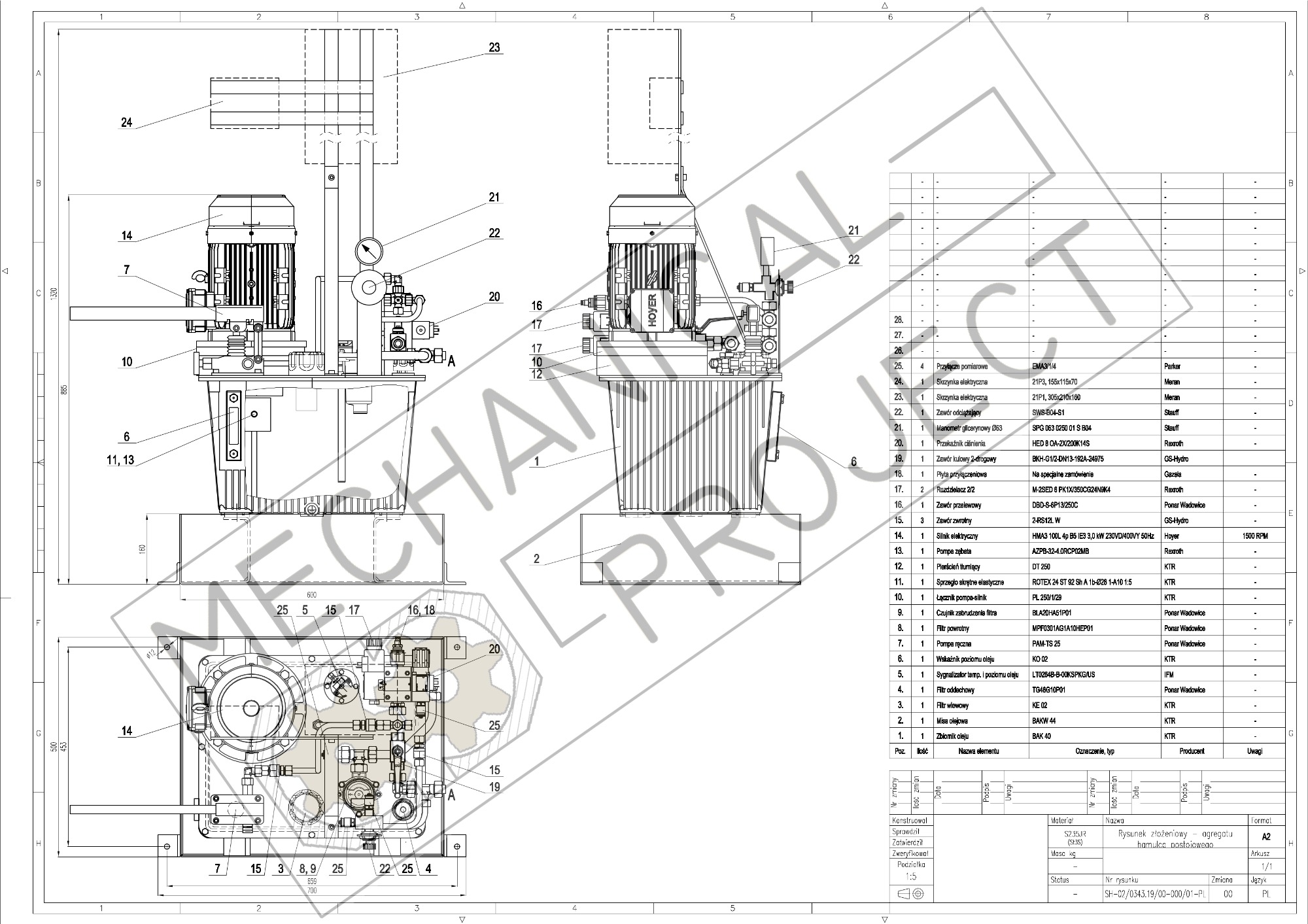 Schemat techniczny zespołu hydraulicznego z pompą, silnikiem elektrycznym, zaworami i zbiornikiem oleju, oznaczony numerami elementów i specyfikacjami.