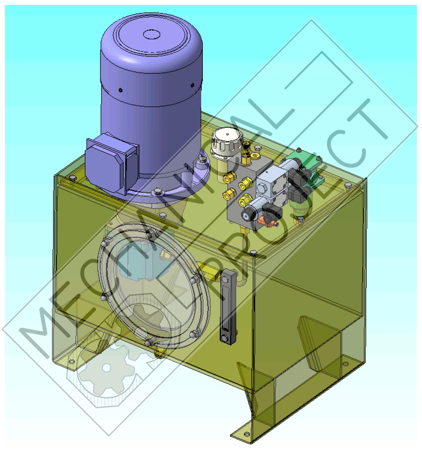 Model 3D agregatu hydraulicznego z silnikiem elektrycznym, zaworami i wskaźnikiem poziomu oleju, widok z góry pod kątem.