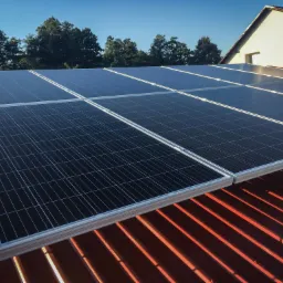 Panele słoneczne na czerwonym dachu blaszanej z widocznym mocowaniem, dom i drzewa w tle, słoneczny dzień.