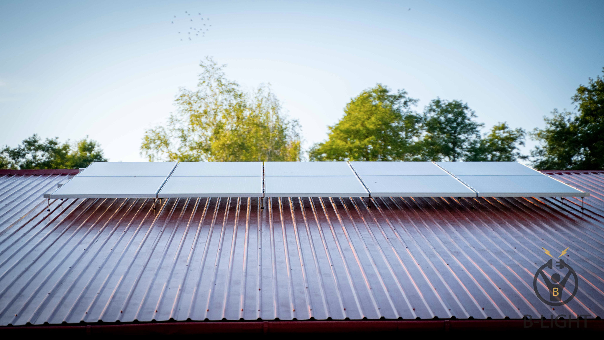 Panel słoneczny na czerwonym, blaszany dachu budynku, z drzewami w tle i logiem firmy w prawym dolnym rogu.