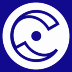 Abstrakcyjny, biały symbol w okręgu na ciemnoniebieskim tle, przypominający stylizowaną literę 'C' lub dwa półksiężyce zwrócone do siebie, z kropką pośrodku.