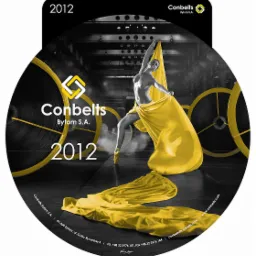 Kreatywny projekt kalendarza firmowego Conbelts z Bytomia na rok 2012: czarno-białe tło przemysłowe z żółtymi elementami (rolki taśmociągów) i tancerką owiniętą w żółtą tkaninę.