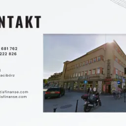 Kontaktowe dane firmy Metis Finanse na tle zdjęcia budynku w Raciborzu przy ul. Nowej 1, z widocznym adresem e-mail i numerami telefonów.