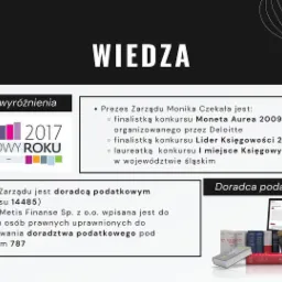Grafika informacyjna z nagłówkiem 'Wiedza', prezentująca nagrody i wyróżnienia firmy, w tym nagroda 'Księgowy Roku 2017' oraz informacja o doradztwie podatkowym, uzupełniona o zdjęcie monitora...