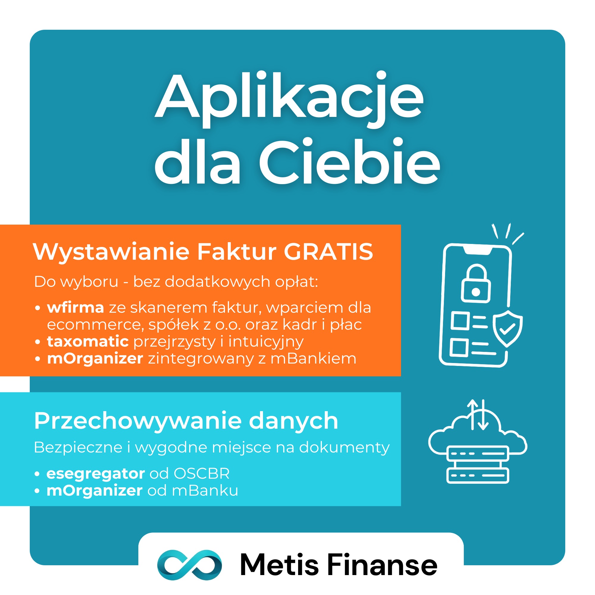 Aplikacja do wystawiania faktur i przechowywania danych z integracją m.in. z mBankiem. Oferta darmowego wystawiania faktur. Grafika z ikonami chmury i smartfona.