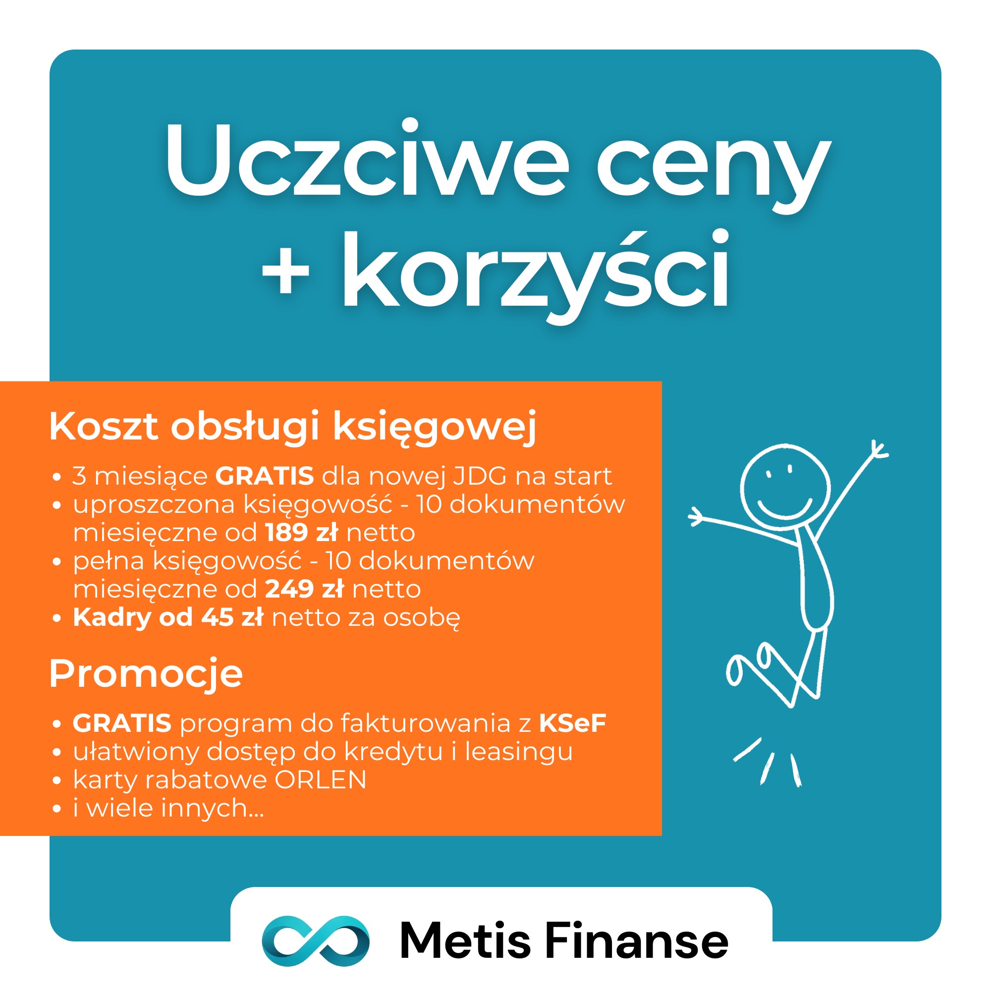 Oferta biura rachunkowego Metis Finanse: promocje na obsługę księgową, darmowy program do fakturowania KSeF, dostęp do kredytów i leasingów, karty rabatowe Orlen.