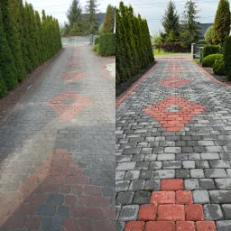 Porównanie kostki brukowej przed i po czyszczeniu, widoczne różnice w kolorze i czystości, otoczenie z tujami.