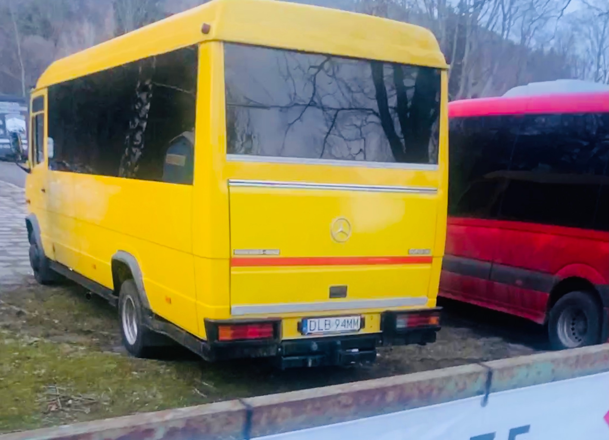 Żółty minibus marki Mercedes z widoczną tablicą rejestracyjną DLB 94MM, zaparkowany obok czerwonego busa na trawiastym terenie.