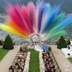 Bajeczny ślub z kolorowym dymem nad jeziorem Como. Para młoda pod kwiatowym łukiem, goście siedzą w rzędach krzeseł. Góry i jezioro w tle.