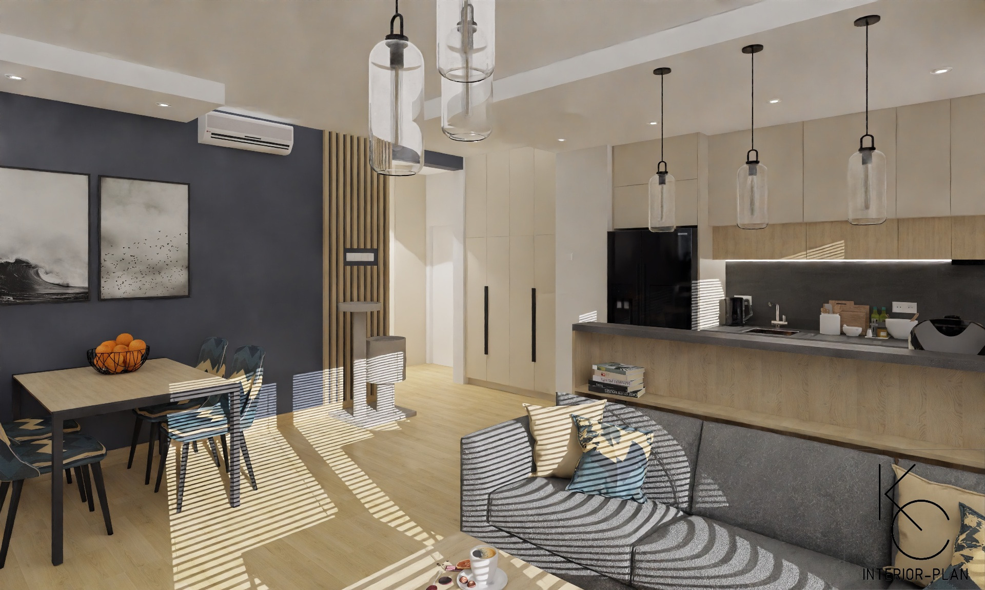 Wizualizacja salonu z aneksem kuchennym, szara ściana z obrazami, drewniany stół z owocami, sofa z poduszkami, oświetlenie wiszące, jasne podłogi i pionowe żaluzje rzucające cienie.