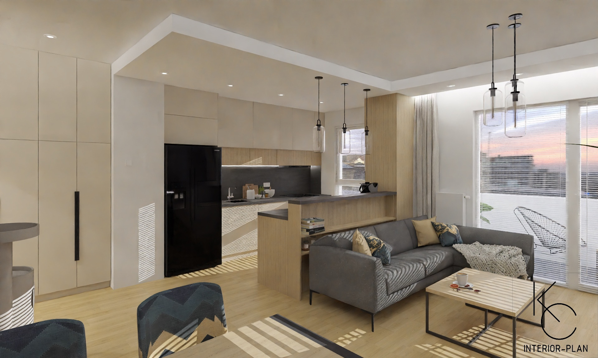 Wizualizacja nowoczesnego salonu z aneksem kuchennym, szara sofa z dekoracyjnymi poduszkami, drewniany stolik kawowy, czarna lodówka i minimalistyczne lampy wiszące.