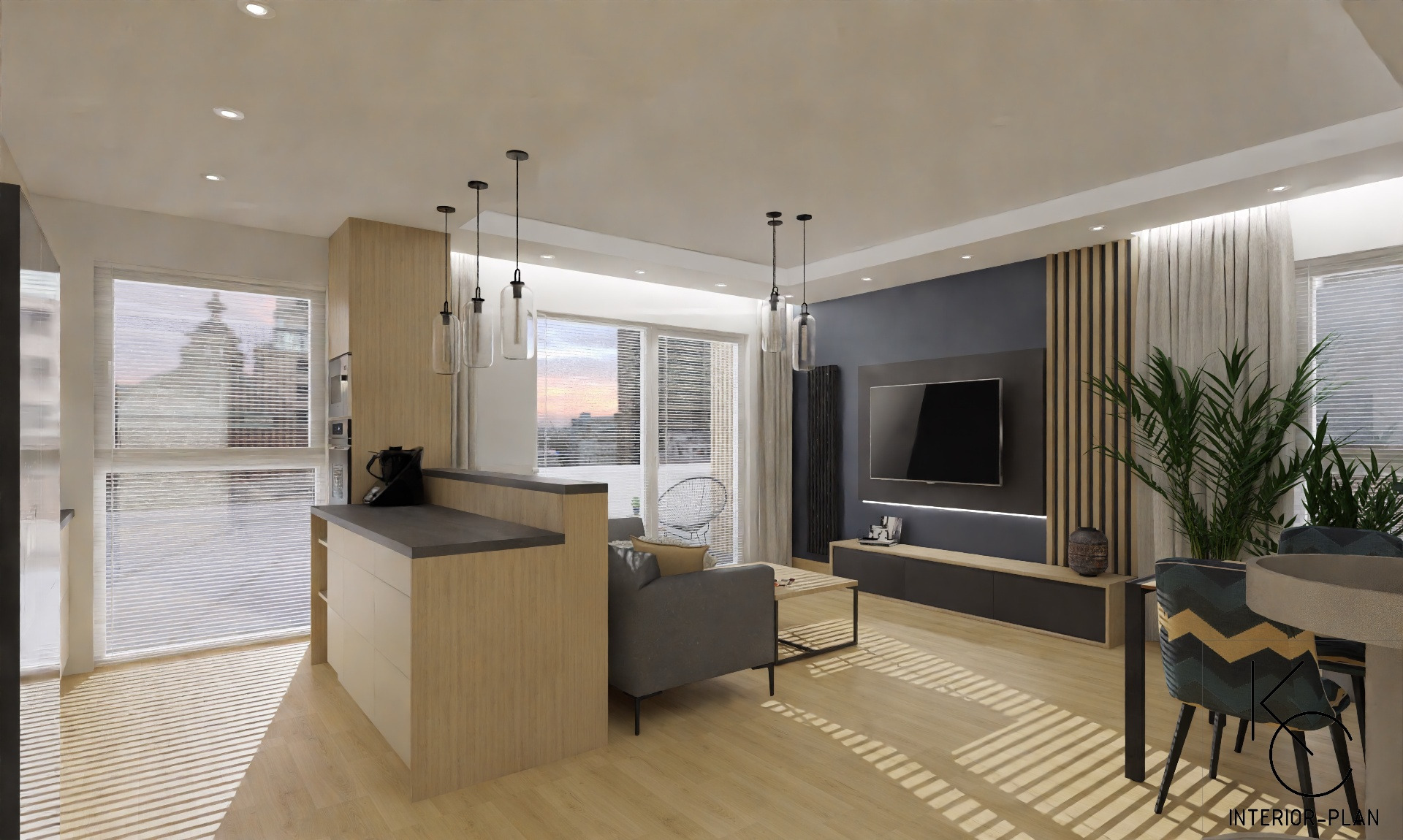 Wizualizacja wnętrza salonu z aneksem kuchennym, drewniana zabudowa, szare meble, telewizor na ścianie z podświetleniem LED, widok z okna na zachód słońca.