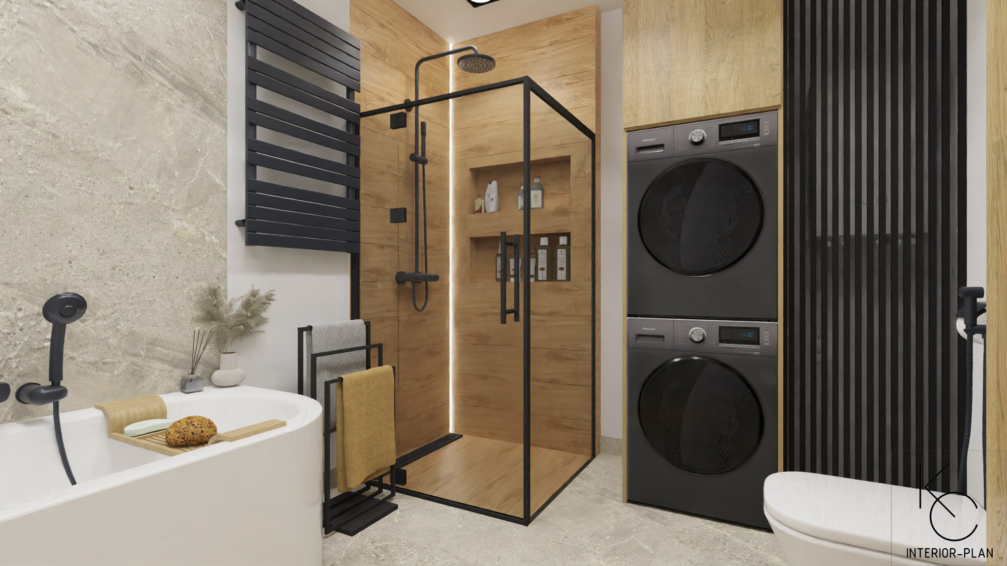 Nowoczesna łazienka z kabiną prysznicową typu walk-in z czarnymi ramami, drewnopodobnymi płytkami, pralką i suszarką w zabudowie oraz wanną z drewnianą półką na akcesoria.