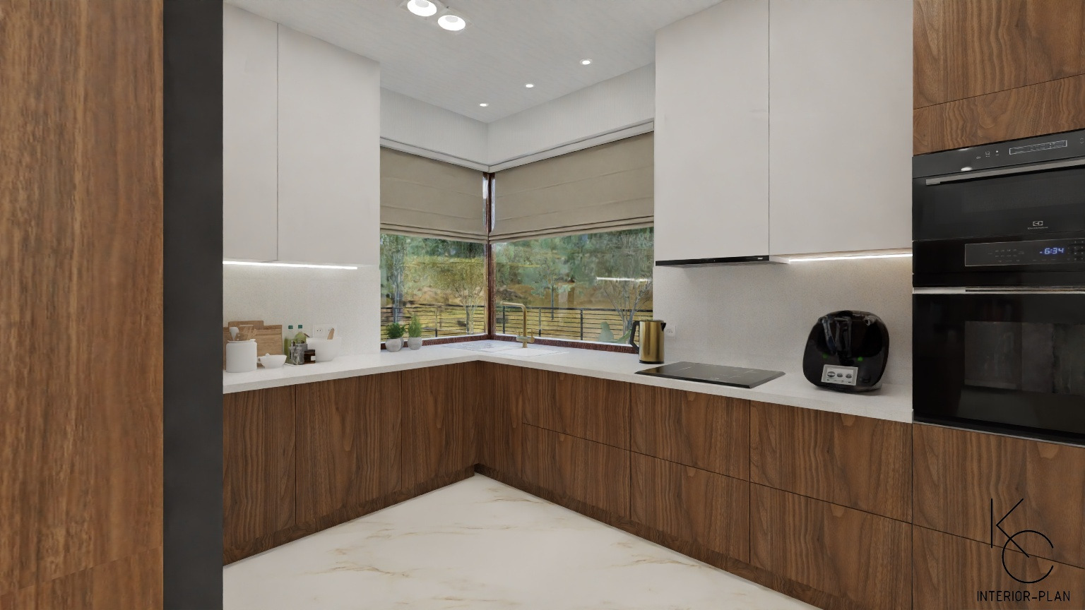 Nowoczesna kuchnia z drewnianymi szafkami dolnymi i białymi górnymi, podświetleniem LED pod szafkami, dużym oknem z widokiem na zieleń i marmurową podłogą.