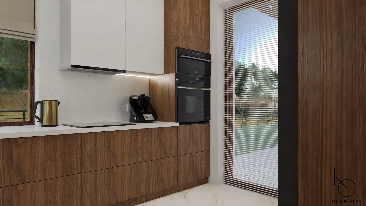 Wizualizacja kuchni z drewnianymi frontami szafek, białymi szafkami wiszącymi, zabudowanym piekarnikiem i ekspresem do kawy, widok na ogród przez okno z żaluzjami.
