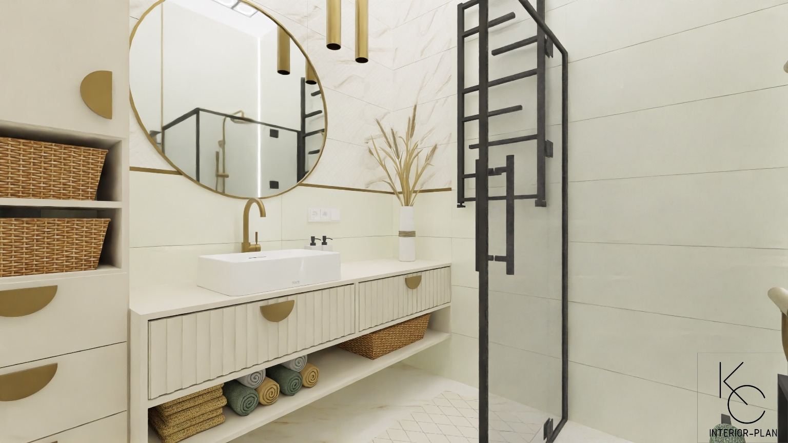 Wizualizacja łazienki w beżowej kolorystyce z owalnym lustrem w złotej ramie, białą umywalką nablatową i grzejnikiem drabinkowym w czarnym kolorze.
