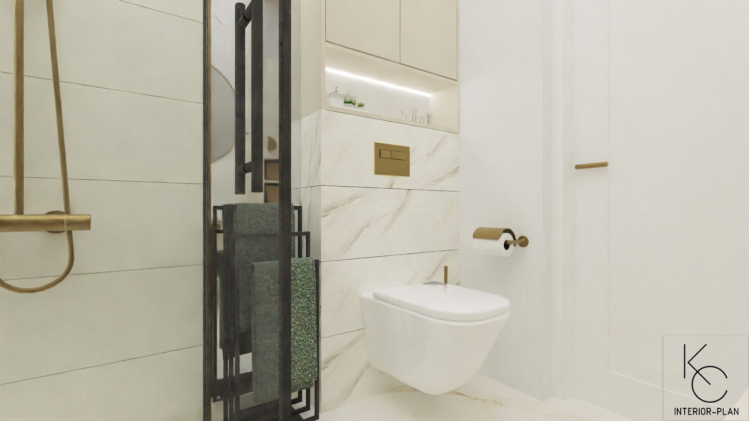 Nowoczesna łazienka z wiszącą toaletą, marmurowymi płytkami, złotymi akcentami i czarnym, geometrycznym stojakiem na ręczniki z zielonymi ręcznikami.
