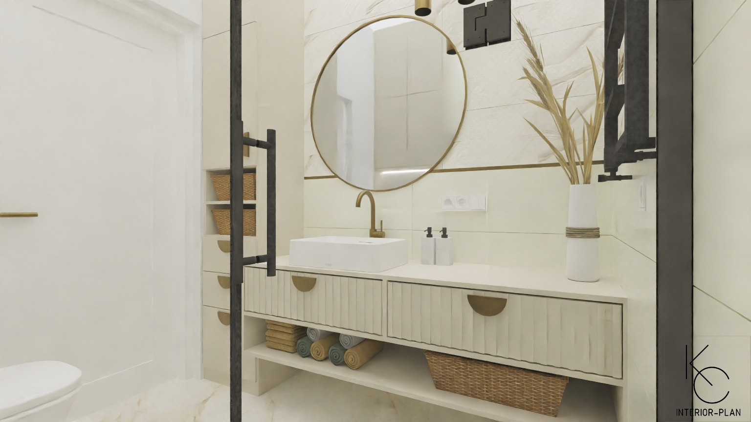Wizualizacja łazienki w jasnych barwach z okrągłym lustrem w złotej ramie, białą umywalką nablatową, szafką z ryflowanymi frontami i dekoracyjnymi koszami oraz ręcznikami.