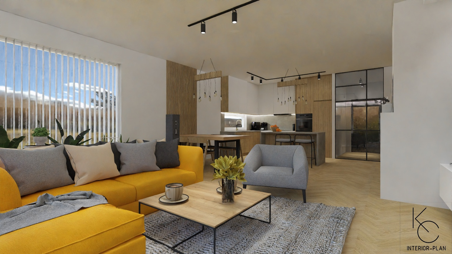 Wizualizacja salonu z żółtą sofą narożną, szarym fotelem, drewnianym stolikiem kawowym i otwartą kuchnią w tle, oświetlenie szynowe i wiszące lampy dekoracyjne.