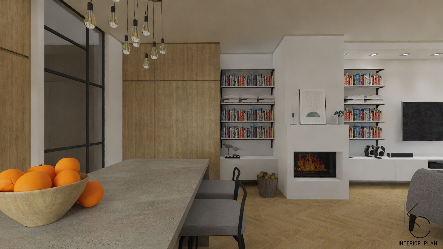 Wnętrze salonu z jadalnią w neutralnej kolorystyce, z drewnianą podłogą w jodełkę, kamiennym blatem, nowoczesnym kominkiem i regałami z książkami, oświetlone wiszącymi lampami w stylu industrialnym...