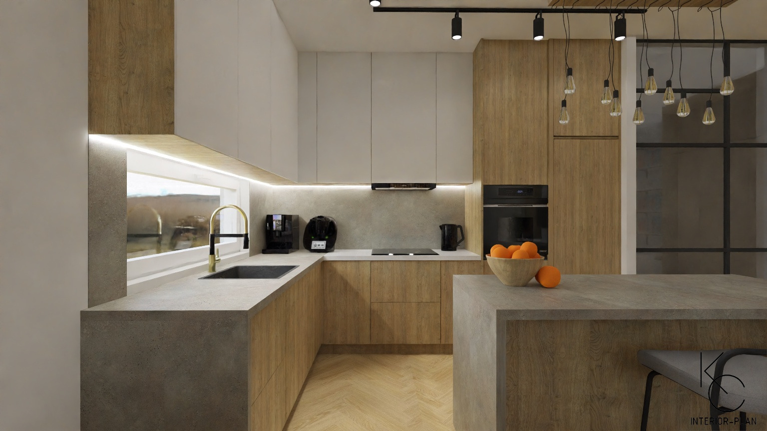 Nowoczesna kuchnia z drewnianymi i białymi szafkami, szarym blatem, złotą baterią i owocami w misce na wyspie kuchennej.