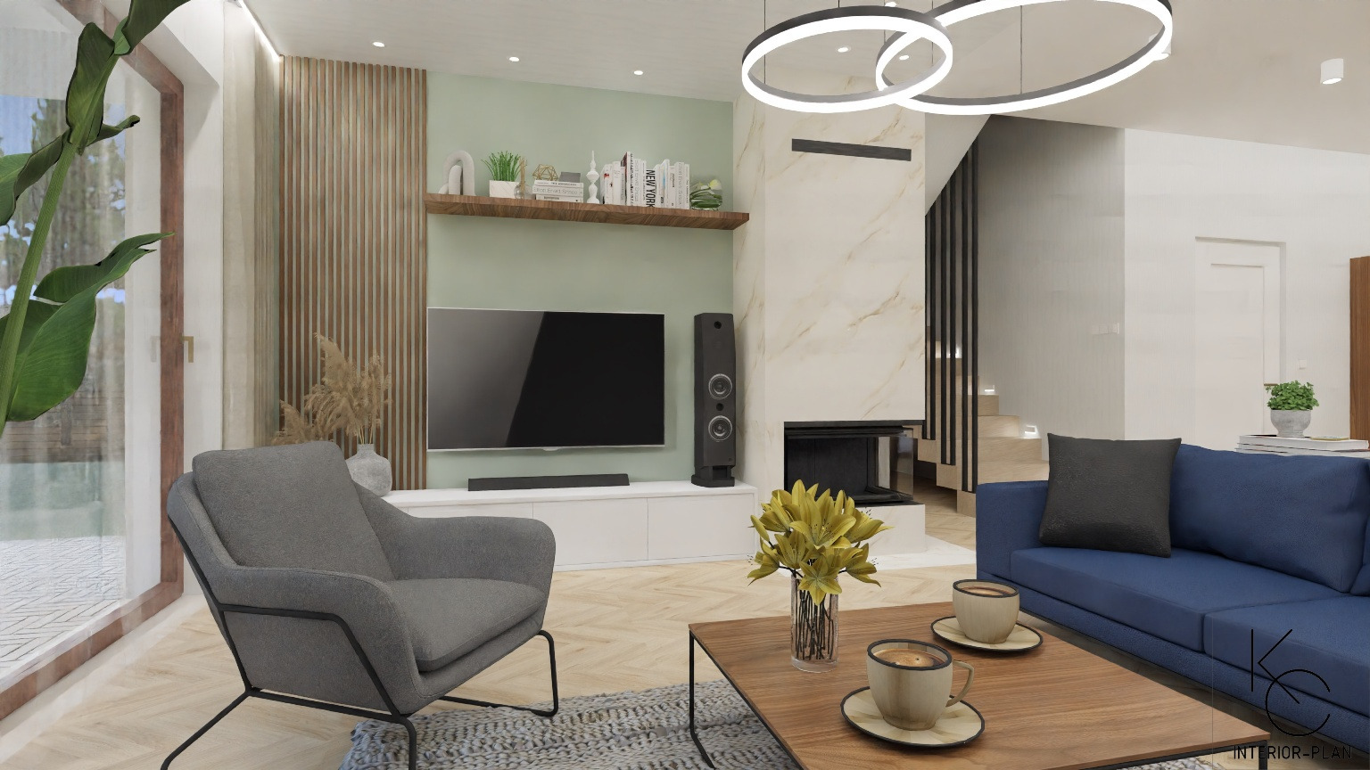 Wizualizacja salonu z szarą tapicerowaną sofą, błękitną kanapą, drewnianym stolikiem kawowym z filiżankami, telewizorem na ścianie w kolorze pistacjowym, marmurowym kominkiem i okrągłymi lampami...