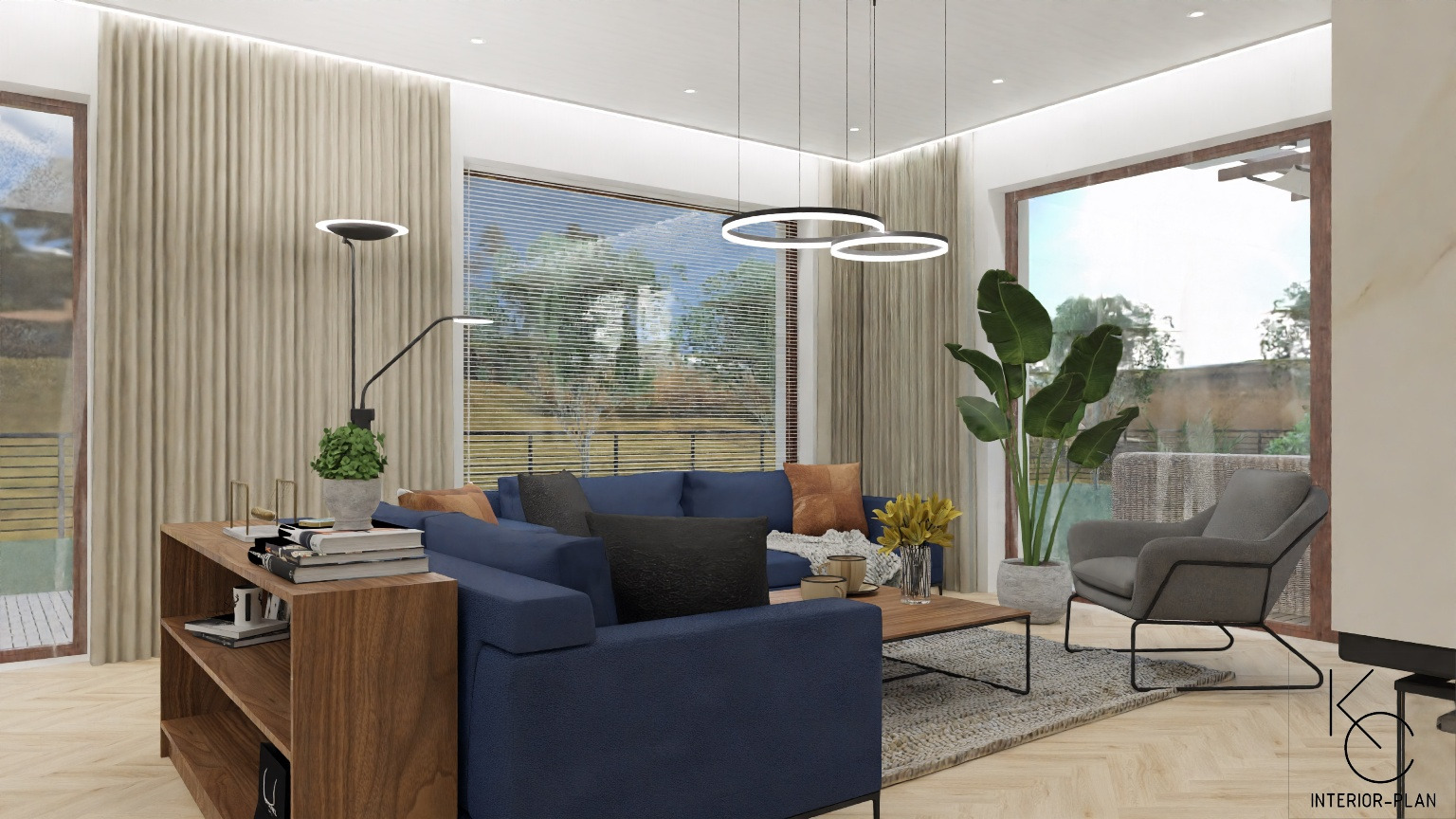 Wizualizacja salonu z niebieską sofą narożną, szarym fotelem, drewnianą półką z książkami i lampą podłogową, okrągłe lampy wiszące, duża roślina doniczkowa, dywan z geometrycznym wzorem i parkiet...