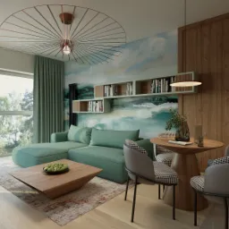 Nowoczesny salon z turkusową sofą, drewnianym stołem i designerskim oświetleniem. Ściana zdobiona abstrakcyjnym malowidłem. Widok na zieleń za oknem.