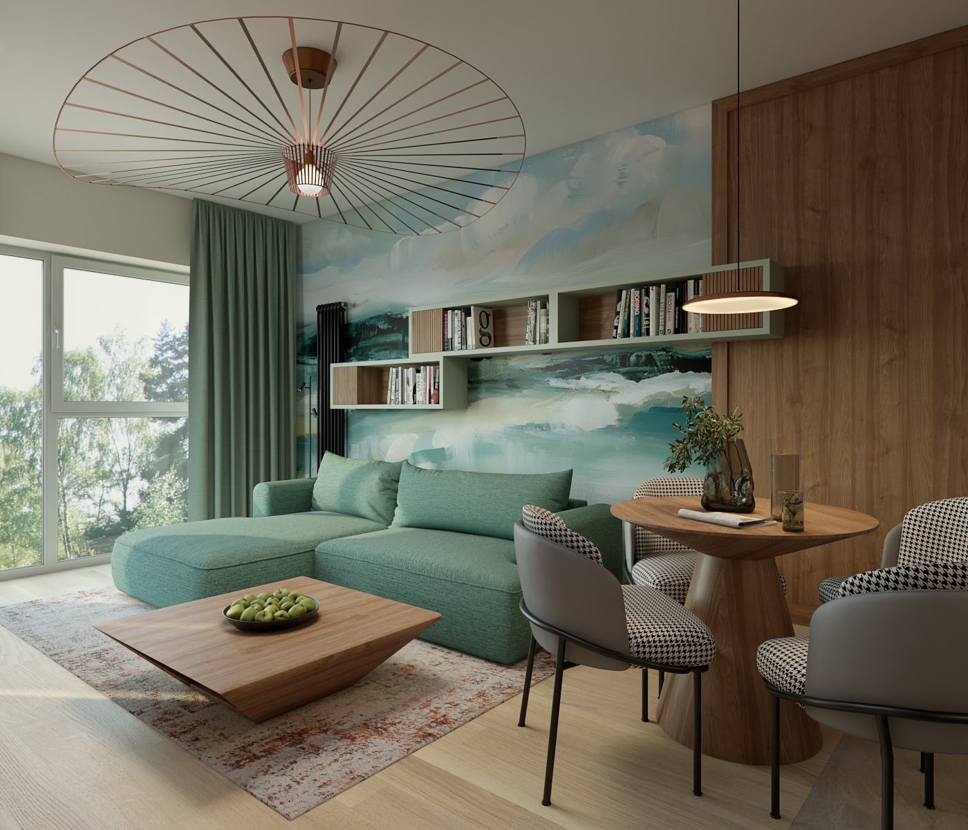 Nowoczesny salon z turkusową sofą, drewnianym stołem i designerskim oświetleniem. Ściana zdobiona abstrakcyjnym malowidłem. Widok na zieleń za oknem.