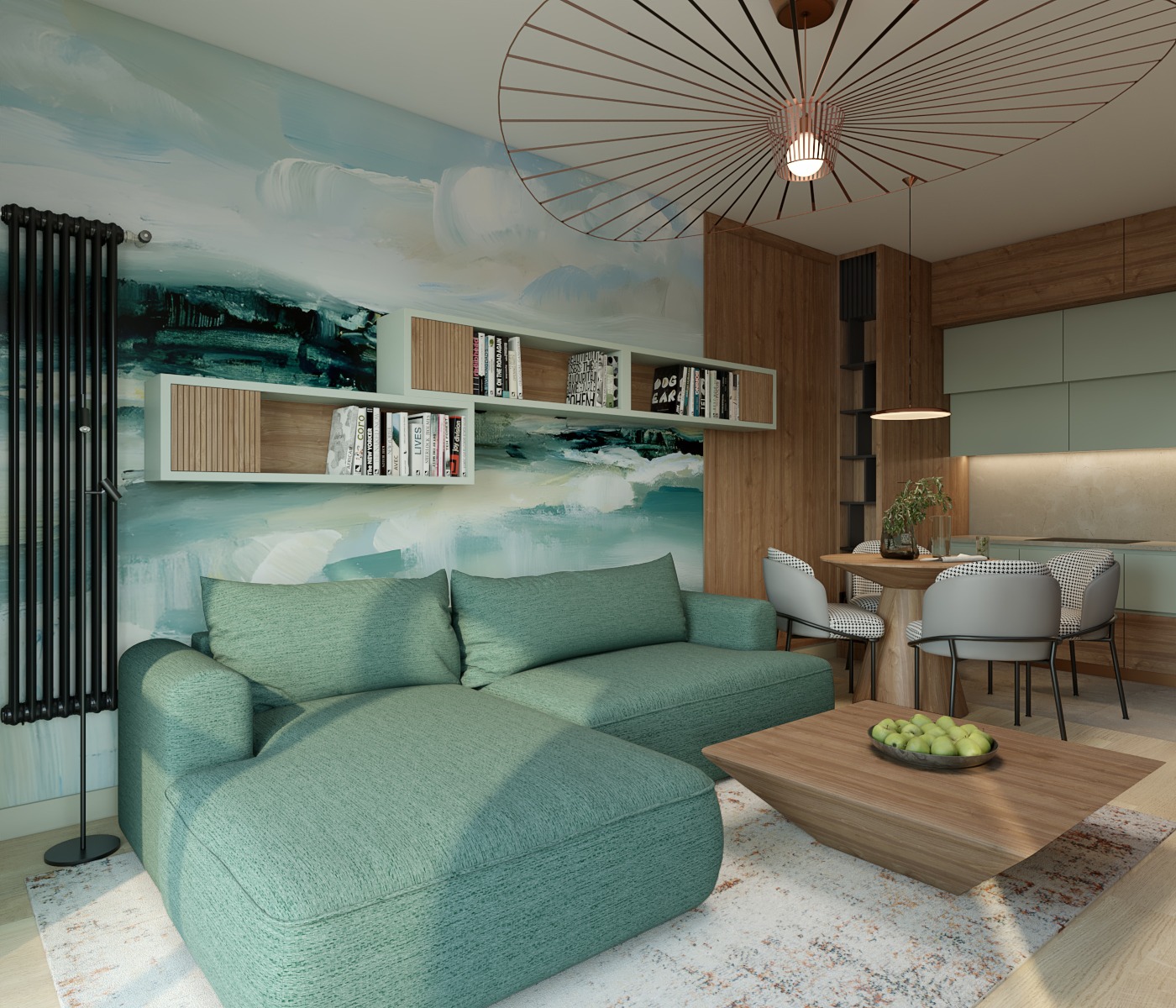 Nowoczesne wnętrze: turkusowa sofa, abstrakcyjny mural, drewniane półki z książkami, okrągły stół z krzesłami i designerska lampa sufitowa. Ciepłe oświetlenie.