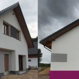 Dwa ujęcia domu jednorodzinnego po remoncie elewacji: biała ściana z szarym pasem u dołu, drewniane okna, ciemna dach&oacute;wka, widoczne rynny i logo firmy budowlanej w rogu.