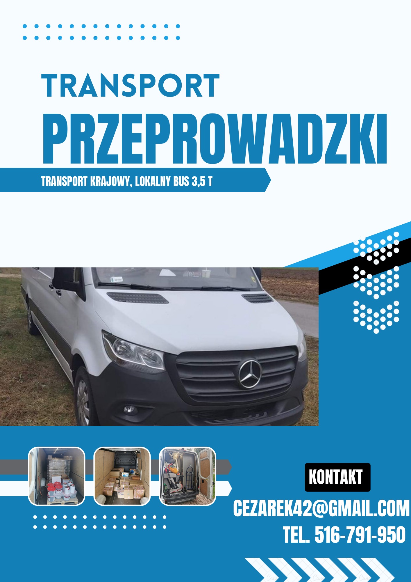 Reklama firmy transportowej: biały bus Mercedes, tekst 'Transport Przeprowadzki', kontakt mailowy i telefoniczny, zdjęcia załadowanego wnętrza busa z kartonami i sprzętem.