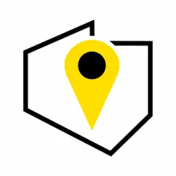 Stylizowana ikona lokalizacji w kolorze żółtym z czarnym punktem, umieszczona wewnątrz czarnej obwódki przypominającej kształtem dom.
