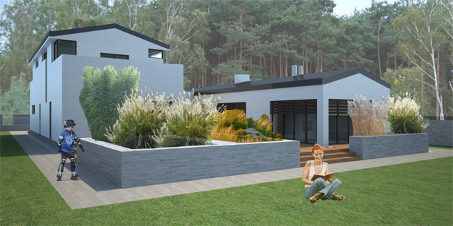 Wizualizacja projektu domu jednorodzinnego z ogrodem, z elementami małej architektury, w tle las, na pierwszym planie kobieta czytająca książkę i dziecko na rolkach.