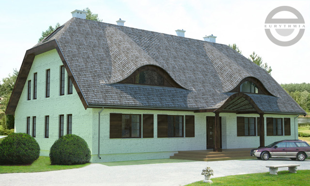 Projekt domu jednorodzinnego w Swarzędzu z charakterystycznym dachem krytym gontem i jasną elewacją z cegły, widoczny samochód na podjeździe.