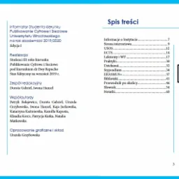 Strona tytułowa informatora dla studentów z grafiką otwartej książki z dymkiem, spis treści z informacjami o uczelni.