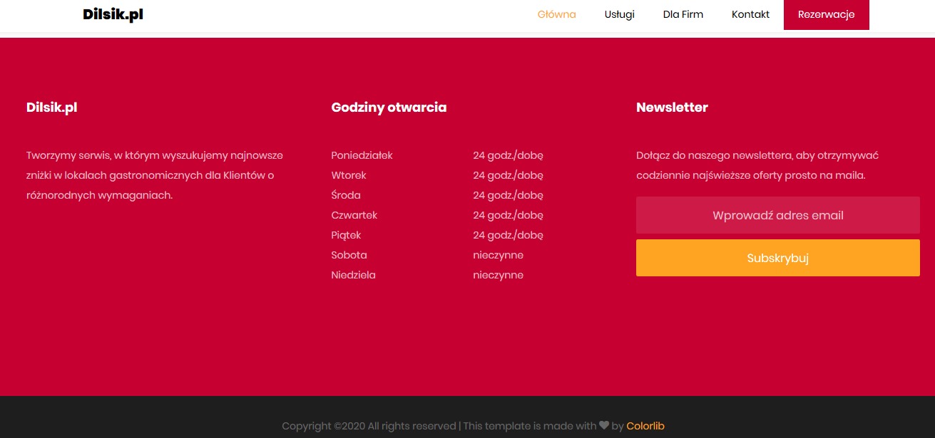 Fragment strony internetowej Dilsik.pl z informacjami o godzinach otwarcia i formularzem zapisu do newslettera, utrzymana w czerwonej i żółtej kolorystyce.