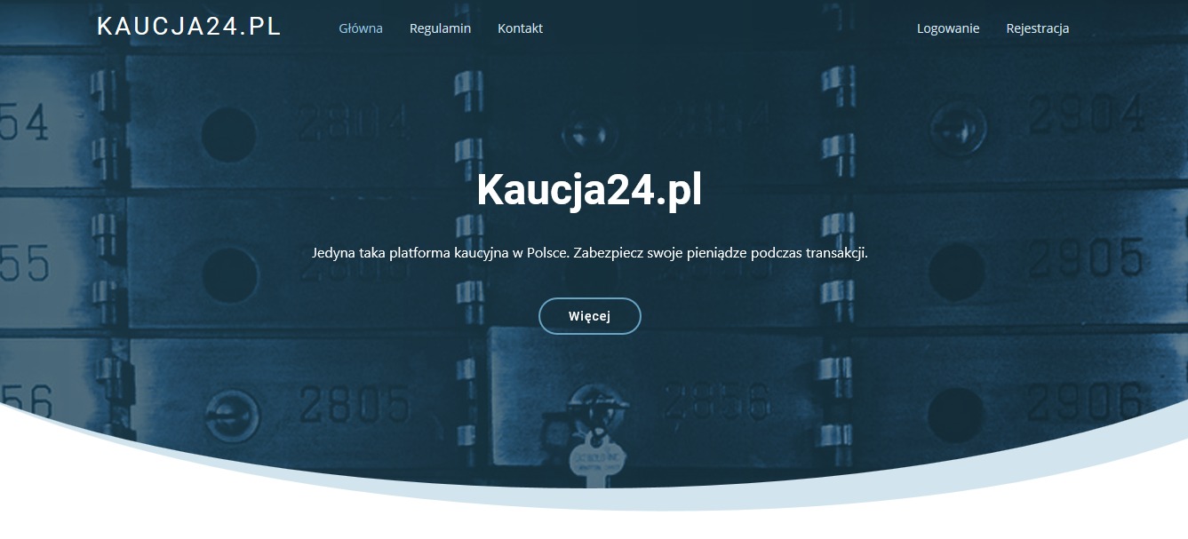 Strona internetowa platformy Kaucja24.pl z motywem sejfu, oferującej zabezpieczenie pieniędzy podczas transakcji, widoczne menu, logo oraz hasło reklamowe.